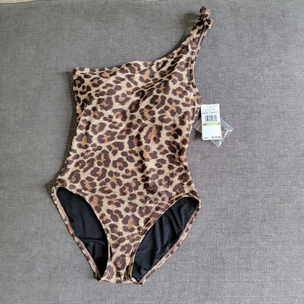 Michael Kors Women Tan Brown Leopard Print knotted one Shoulder Swimsuit sz 6